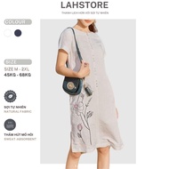 LAHSTORE loose linen dress with round neck, mussel sleeves, buttoned chest, fabric upholstery, flora