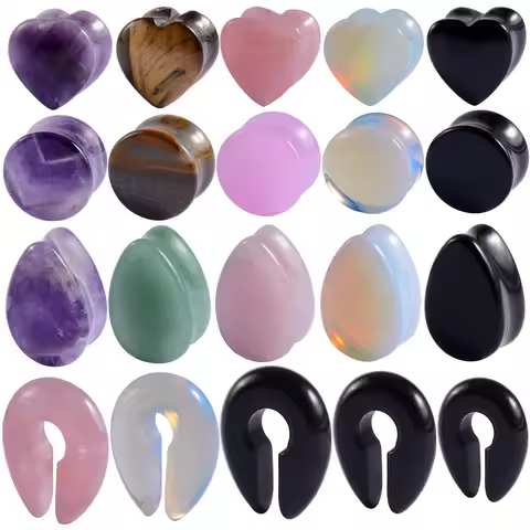 2Pcs Stone Ear Plug White Pink Opal Drop Heart Gauge Piercing Flesh Tunnel Keyhole Saddle Expander S