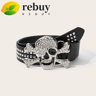 REBUY Black Rivet Belt, Hip-hop Y2K Skull Wide Waistband, Fashion Alloy Rhinestone Adjustable Skelet