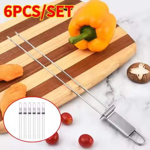 6PC Stainless Steel Skewers Reusable BBQ Skewers with Storage Tube Stainless Steel BBQ Needle Stick 