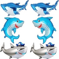 XLENGO 6 Pack Shark Balloons, Large Aluminum Foil Shark Balloon Blue Cute Splash Shark Balloons for Ocean Animal Theme Party Birthday Baby Shower Supplies(38 Inch)