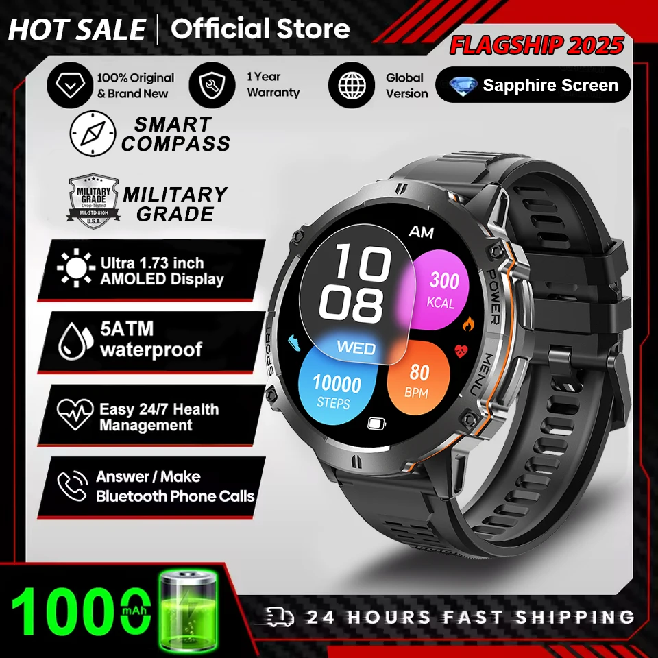 2025 NEW TANK X3 Smartwatch 1.73" AMOLED Screen 10ATM&IP69K Durable 1000mAh Battery GPS Sports Fitne