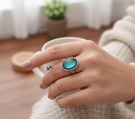 Women's Adjustable Mood Ring with Thermochromic Oval Stone and Color-Changing Open Band