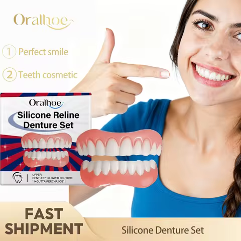 Silicone Denture Set Temporary False Teeth Cover Snap‑On Veneers Comfortable Fit For Smile Makeover 