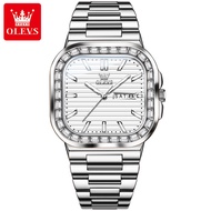 OLEVS 9966 Men Quartz Fashion Watch Square-dial Stainless Steel Watchband Wristwatch Week Display Ca