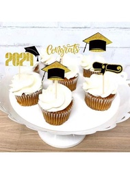 16piezas Decoraciones para pastelitos de graduación 2024, Centros de mesa de graduación 2024, Suministros de decoración de partidos temáticos de gorra de graduación y diploma de la clase de 2024