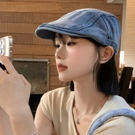復古水洗牛仔前進帽女韓版大頭圍顯臉小貝雷帽英倫風文藝報童帽子