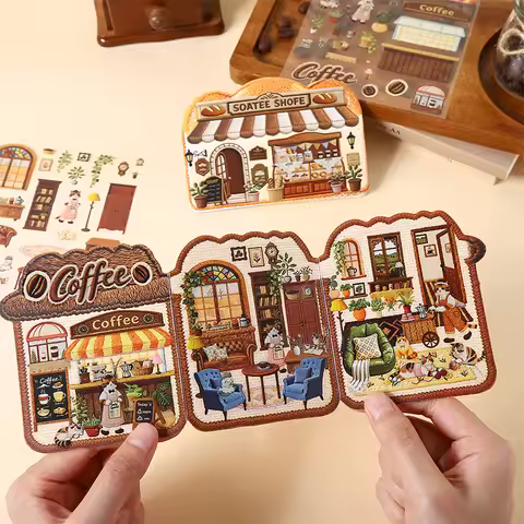 Journal GO 3pcs Tiny Treasure Shop Vintage Coffee Bread Landscape Sticker Creative Journal DIY Mater