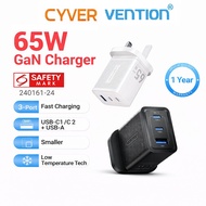 Vention 65W GaN Charger UK Plug 3 Ports Turbo Charging Power Adapter QC4.0 3.0 PD 3.0 Fast Charger T