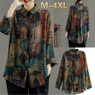 🍄Ready Stock⚡Immediate🍄M-4XL Vintage Painted Cotton Long Sleeve Blouse Bunga Floral Labuh Murah Muslimah Women Tops Loose All-Matching Slimming Korean Style Plus Size Shirt Clothes Women Baju Kemeja Perempuan Blause Wanita