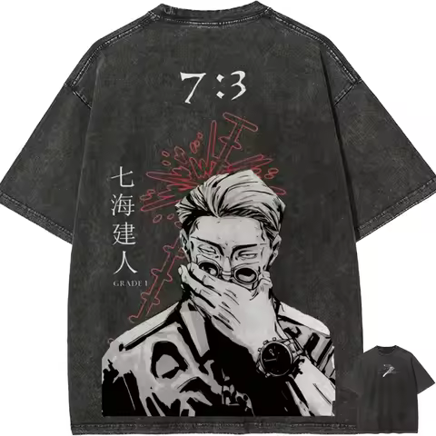 Nanami Kento T Shirt Jujutsu Kaisen 7:3 Ratio Anime Men Vintage Acid Wash Cotton Streetwear Harajuku