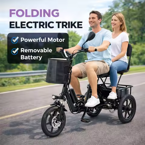 Folding Electric Trike 500W Peak Powerful Motor 480Wh Removable Battery Long Range 2-Seat Design wit