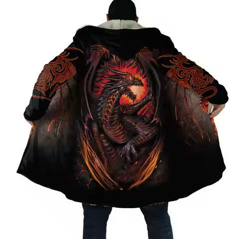 2021 Winter Mens Cloak skull and Dragon Armor Tattoo 3D Print Fleece Hooded cloak Unisex Casual Thic