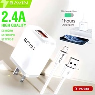 Bavin Pc368 Pc516 2.4A Fast Travel Charger With Adapter And Usb Cable For Micro Usb Iphone Type C