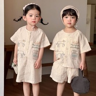 Children Summer Suit Pure Cotton Boys 2026 Summer Clothes Baby Girls Short-Sleeved Dress Sisters Sis