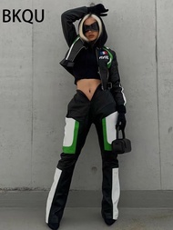 กางเกง Y2K แฟชั่นสำหรับผู้หญิงหนังรถจักรยานยนต์แบบยืดได้สีตัดกันทรง V กางเกงกางเกงขายาวหลวมสำหรับแข่