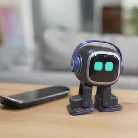 Emo AI Desktop Robot Companion | Features voice interaction, facial recognition, music playback, and