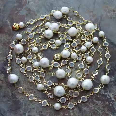 YYGEM 69'' Natural White Round Freshwater Pearl White Crystal Pave Gold Plated Chain Necklace