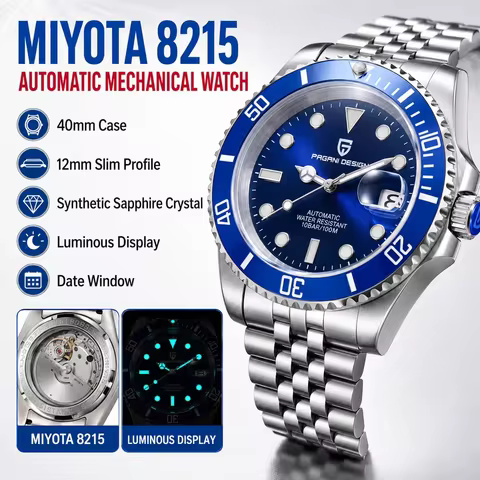 PAGANI DESIGN PD1661 Miyota 8215 Automatic Men's Watch Blue Dial Ceramic Bezel Sapphire Steel Five-L
