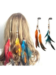 1個搭配傳統印花的多彩羽毛髮飾,獨特手工編結髮夾,搭配流蘇和羽毛裝飾