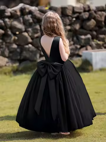 Luxury Satin Flower Girl Dress with Big Bow Sleeveless Fancy Formal Birthday Tulle Party Long Black 