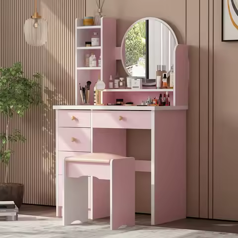 FUFU&GAGA Bedroom Makeup Vanity Set with Mirror & Drawers, Vanity Dresser with Storage & Cushioned S