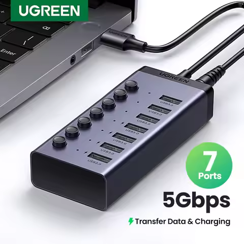 UGREEN USB HUB 7 Ports USB3.0 Splitter 5Gbps with Individual Switch Power Adapter for PC Laptop USB