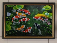 Hiasan dinding cetak gambar lukisan ikan koi plus bingkai ukuran 35x52cm