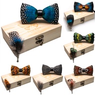 JEMYGINS Original New Design Bow tie Natural Feather Exquisite Hand Made Men Luxury Bow Tie Wooden Gift Box Set Wedding party