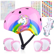 Kids Bike Helmet, Kids Helmets Ages 5-8 with DIY Stickers Kids Knee Pads and Elbow Pads Set Unicorn 