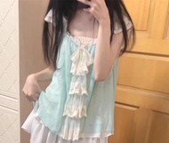 Sweet Style Summer Short Skirt Set Womens High Waist A-Line Dress Two-Piece Set Pure Color Lace Off-