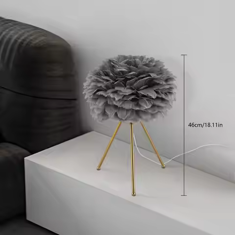 Grey Feather Table Lamp with Gold Finish, 46cm E26 Socket Night Light for Bedroom Living Room, Indoo