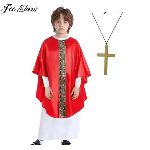 Boys Girls Pope Robe with Cross Necklace Halloween Christmas Catholic Cardinal Bishop Holy Father Pa
