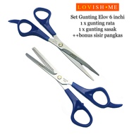 Gunting rambut set elov gagang biru - gunting rata dan gunting penipis stainless steel ukuran 6 inch