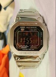 CASIO G-SHOCK 銀色改裝鋼手錶黑色液晶面; 太陽能; 電波; 世界時間等功能