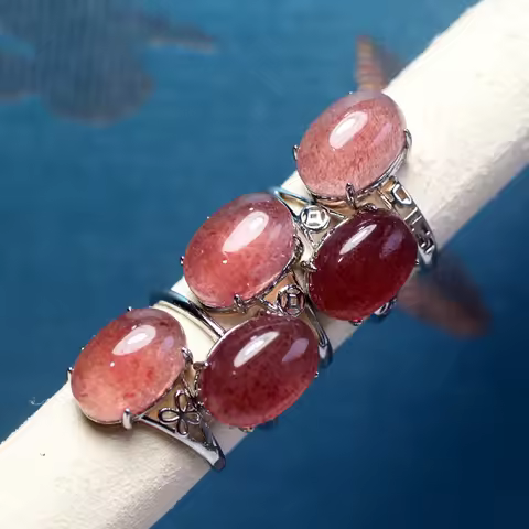 Natural Madagascar Strawberry Quartz Oval beads Adjustable Ring ,Fine Jewelry Gift, Relieve anxiety 