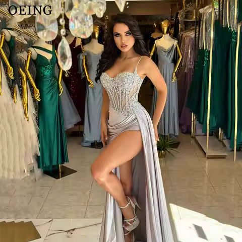 OEING Silver Mermaid Prom Dress Elegant Spaghetti Strap High Slit Evening Dresses Formal Gown Vestid