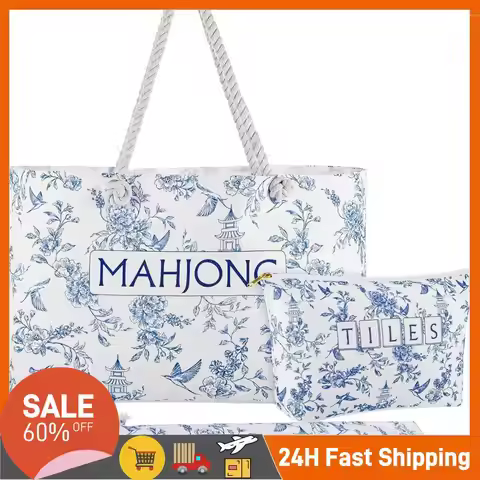 Mahjong Tote Bag Blue Printed 24x13x4.7 Inch Mahjong Carrying Bag with Handle for Game Player Lover 
