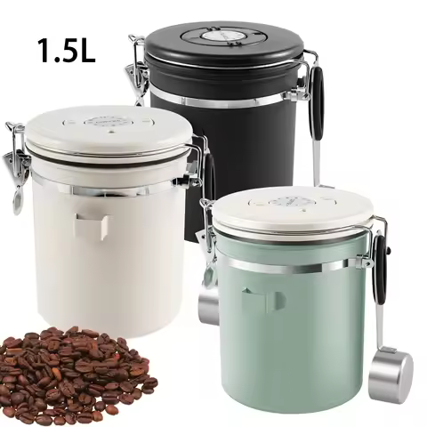 Coffee Storage Canister 1.5L Double Airtight Coffee Beans Container with Spoon 304 Stainless Steel C
