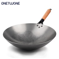 Onetwone Heavy  Iron Wok  Chinese Traditional Handmade Iron pan with wooden handle Cooking Pot for Gas cooker  Restaurant household wok