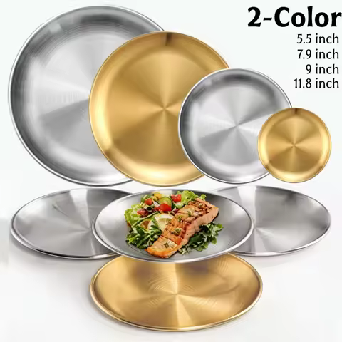 2/4pc Stainless Steel Plates 4size Round Dinnerware Reusable Serving Tray for Pizza Dessert Steak Mo
