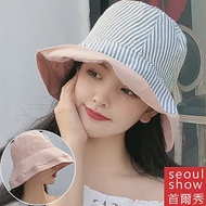 seoul show首爾秀 雙面戴條紋漁夫帽防曬遮陽帽 粉色