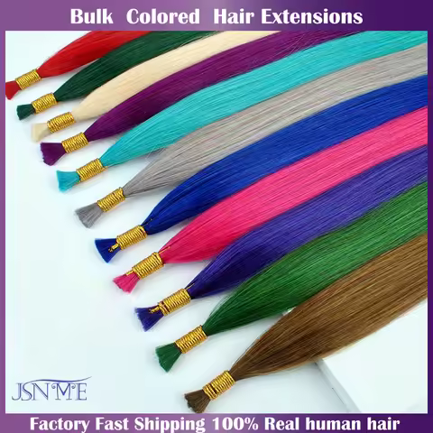 JSNME Bulk Color Human Hair Extensions Straight Color Hair Extension 10g/Set Blue Purple Pink 613 Co