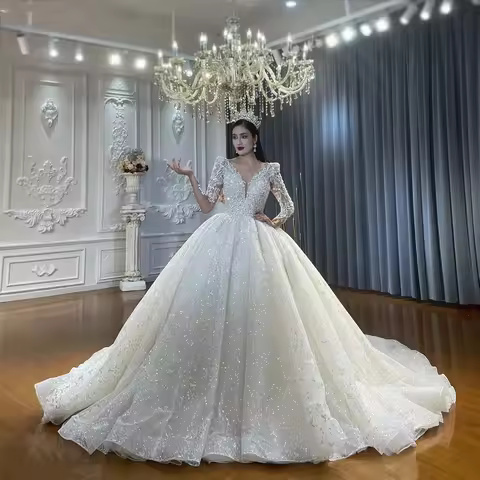 Customized Dubai Pearls Wedding Dress Sequins Bridal Ball Gowns V Neck Long Sleeves Vestidos De Novi