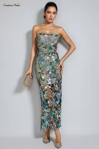 Contessa Customized Sweetheart Strapless Evening Dress Floral Sequin Robes De Soirée Glamorous Ankle