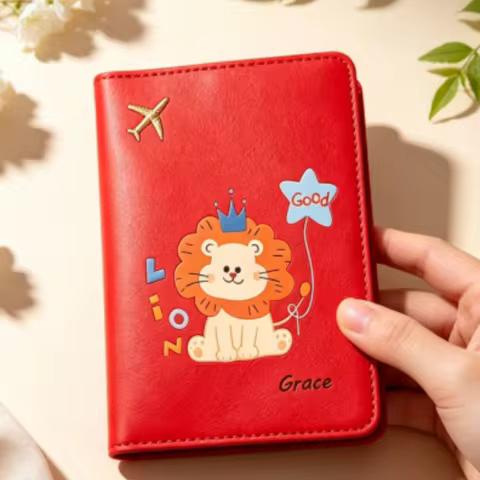 Custom Name Cartoon Lion Passport Holder, 6 Colors Available Personalized Travel Pouch For Cards & T