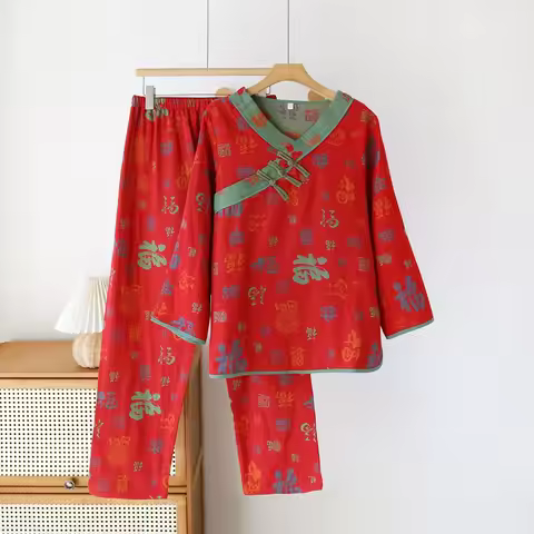 Chinese Word "fu" Pajamas Women's Cotton Double-layer Gauze Sleepwear V-Neck Long Sleeve Trousers Lo