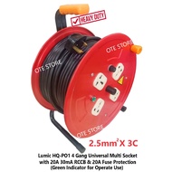Lumic HQ-PO1 4Gang 13A Universal Multi socket c/w 20A 30mA RCCB Extension Cable Roller (2.5MM x 3C R