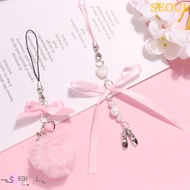 SEOUL Y2K Phone Chain, Hairball Bowknot Mobile Phone Lanyard, Keychain Sweet Ribbon Y2K Pink Phone C
