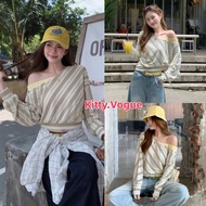 Kitty.Vogue Striped Off-Shoulder Crop Top Long Sleeves Soft Fabric Korean Style Women's Fashion A254